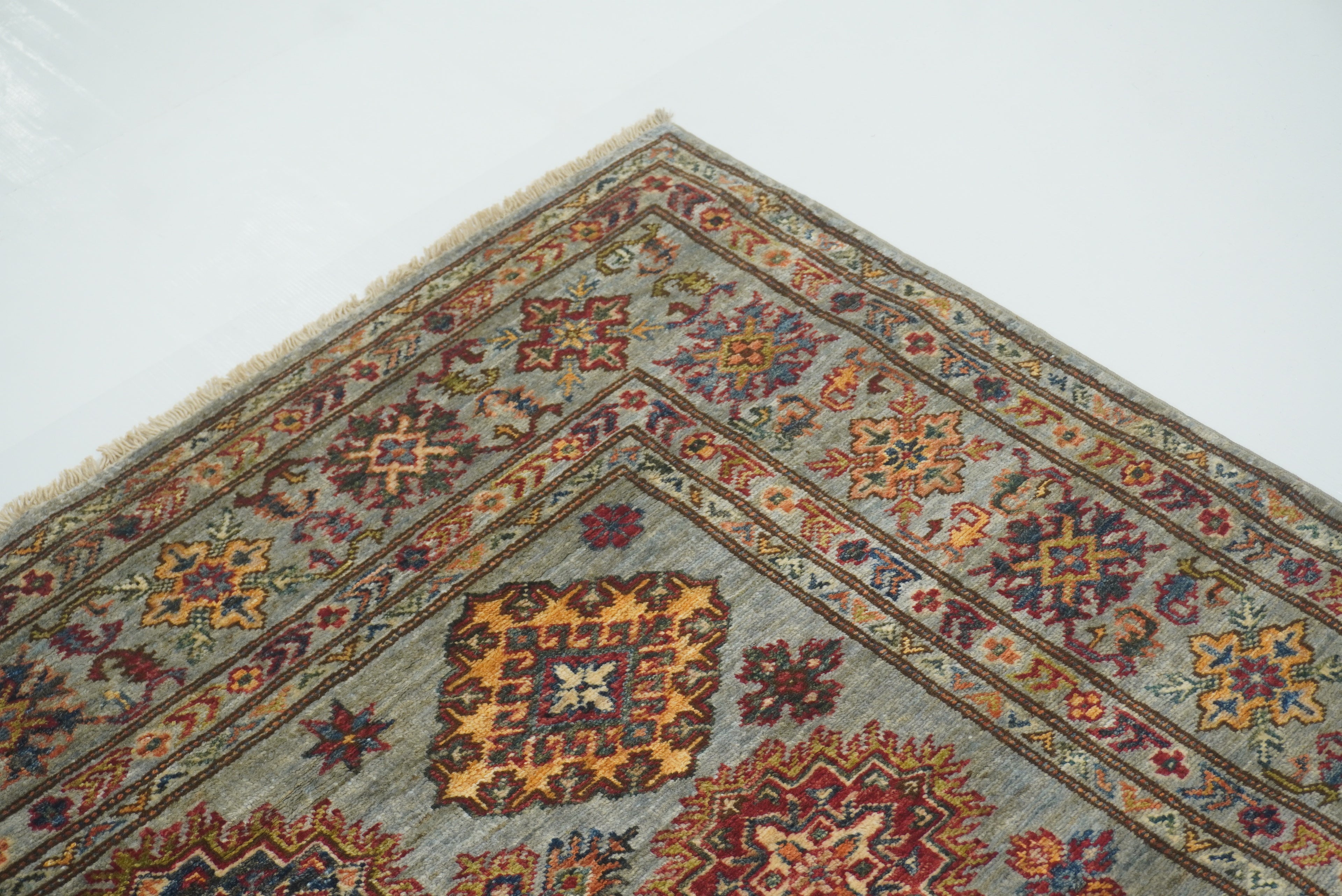 5x7 Gray Kazak Hand Knotted Afghan Geometric Rug - Yildiz Rugs