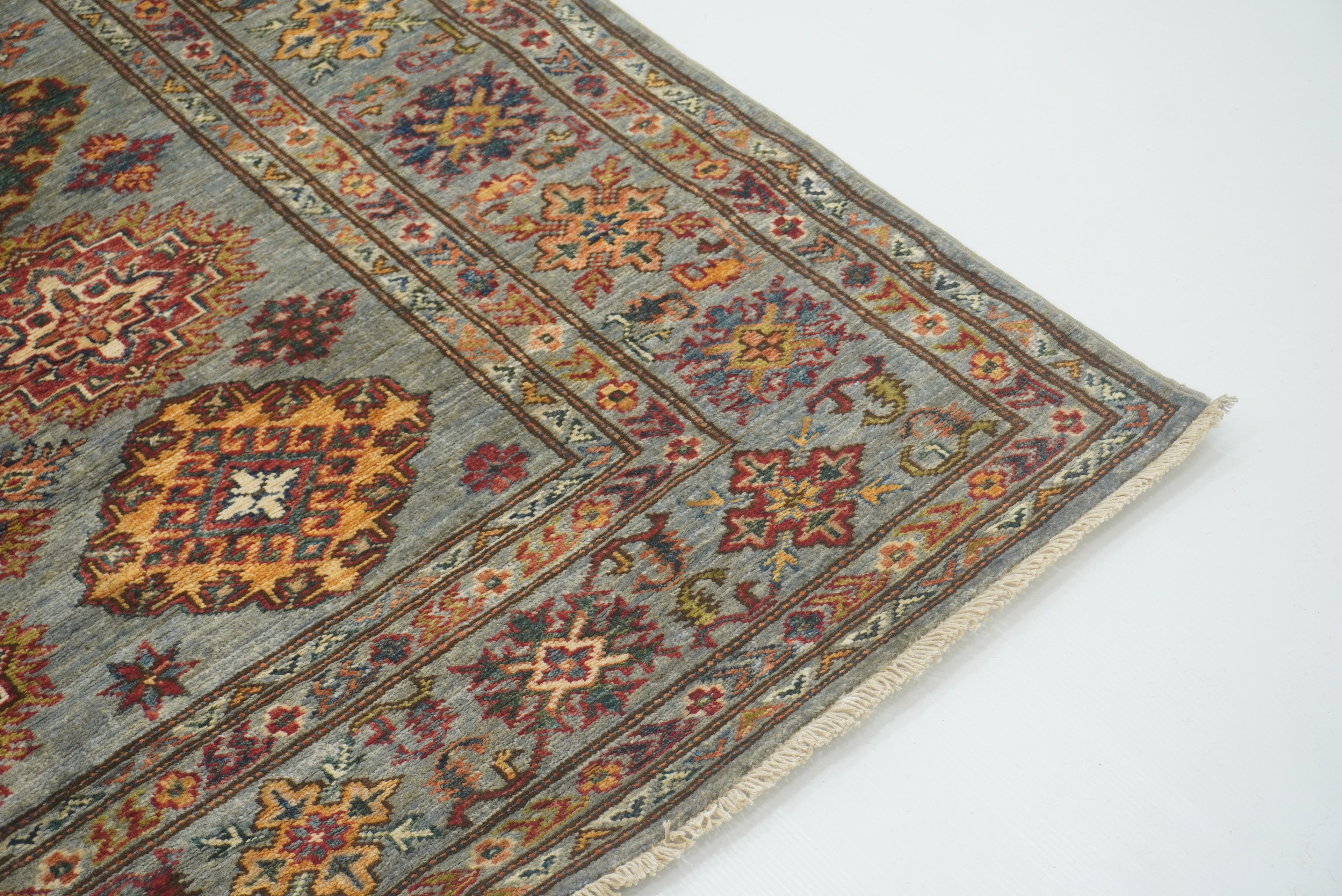 5x7 Gray Kazak Hand Knotted Afghan Geometric Rug - Yildiz Rugs