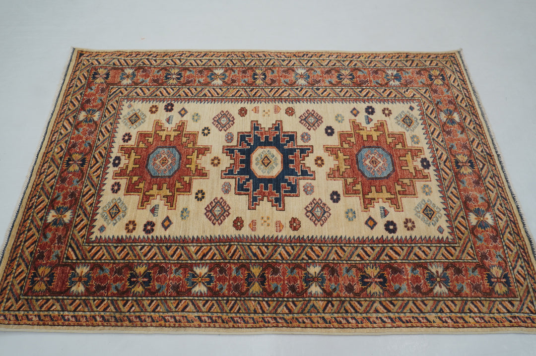 4x6 Beige Vintage Shirvan Afghan Hand knotted Geometric Rug - Yildiz Rugs