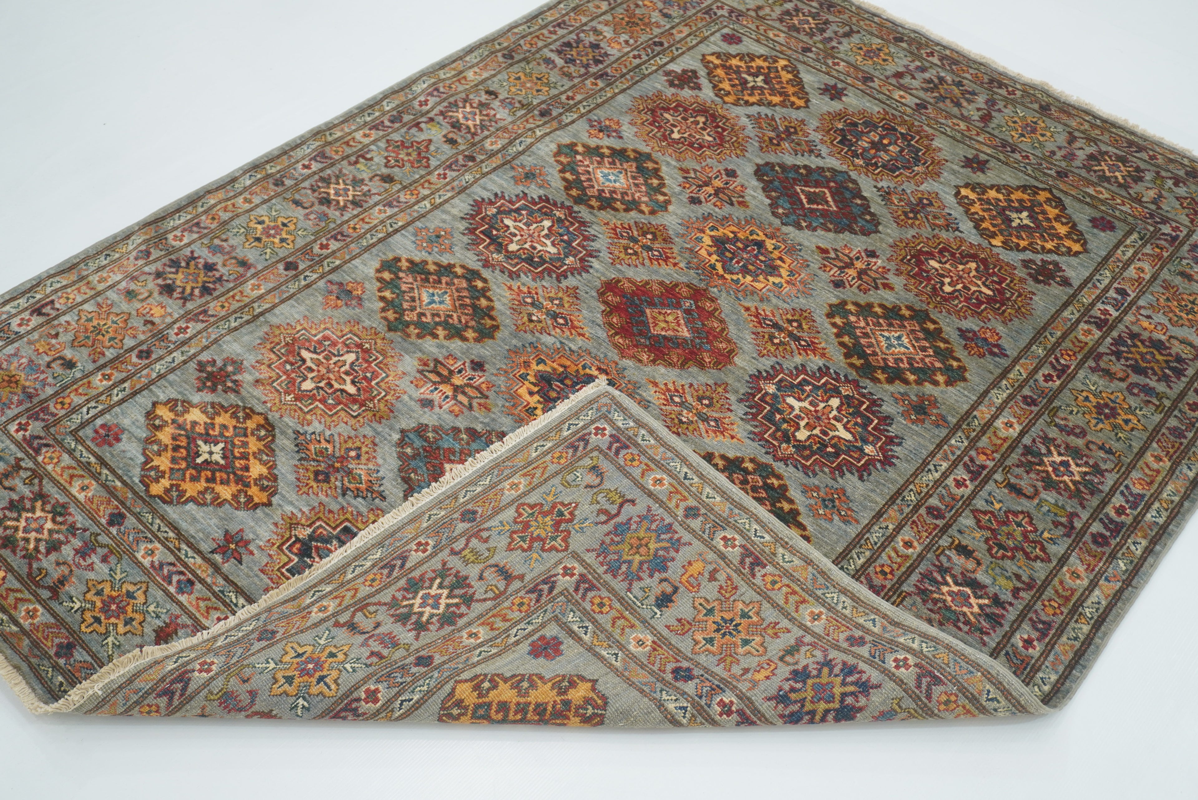 5x7 Gray Kazak Hand Knotted Afghan Geometric Rug - Yildiz Rugs