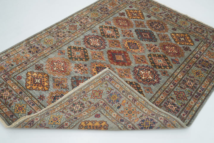 5x7 Gray Kazak Hand Knotted Afghan Geometric Rug - Yildiz Rugs