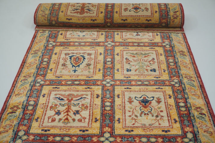 3x10 ft Red Beige Vintage Afghan Hand knotted Runner Rug - Yildiz Rugs