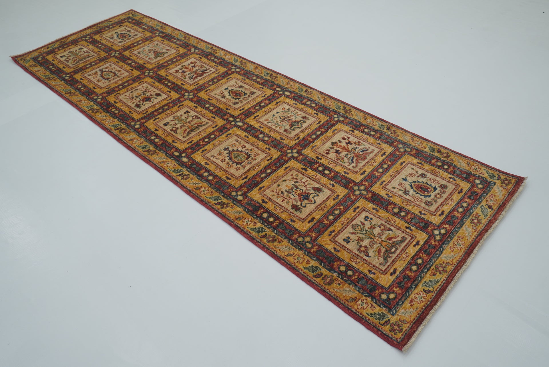 9 ft Beige Hand Knotted Afghan Wool Runner Rug - Yildiz Rugs