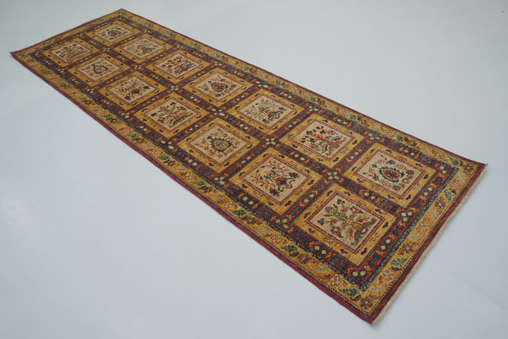 9 ft Beige Hand Knotted Afghan Wool Runner Rug - Yildiz Rugs