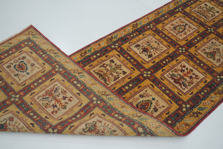 9 ft Beige Hand Knotted Afghan Wool Runner Rug - Yildiz Rugs