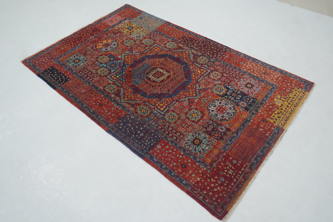 4x6 Red Mamluk Turkish Hand Knotted Geometric Medallion Rug