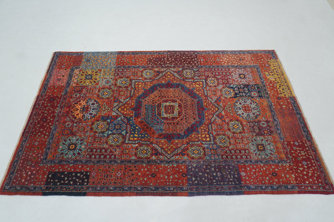 4x6 Red Mamluk Turkish Hand Knotted Geometric Medallion Rug