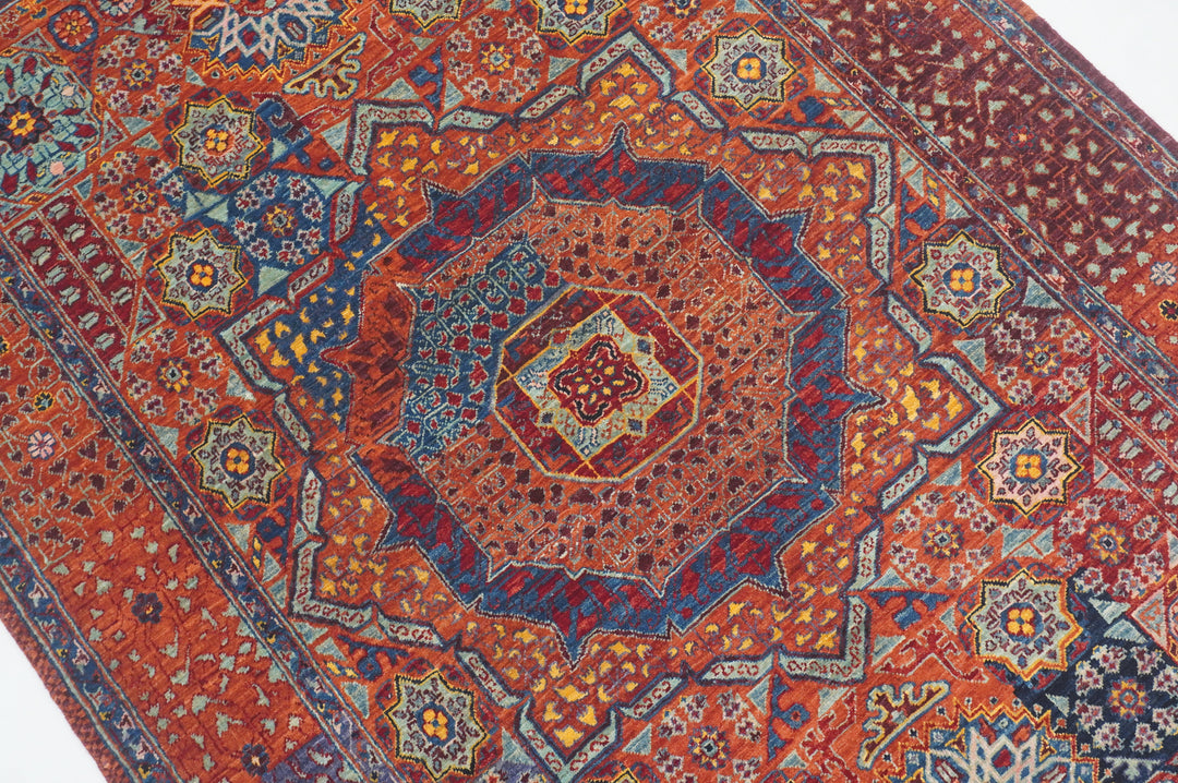 4x6 Red Mamluk Turkish Hand Knotted Geometric Medallion Rug