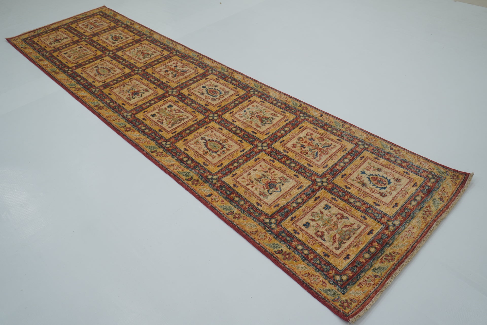 10 ft Beige Hand Knotted Afghan Wool Runner Rug - Yildiz Rugs