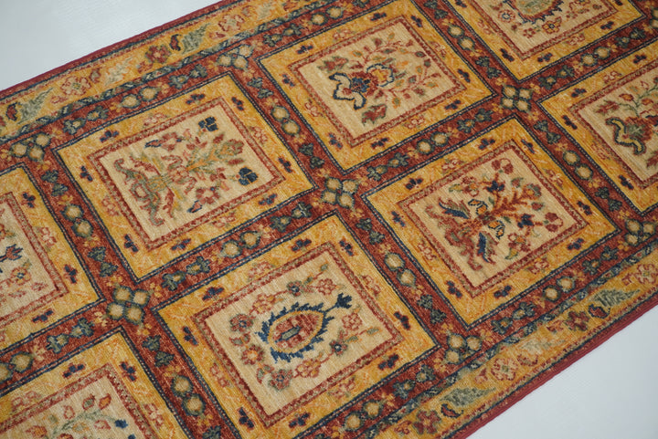10 ft Beige Hand Knotted Afghan Wool Runner Rug - Yildiz Rugs