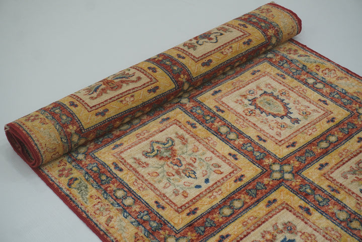 10 ft Beige Hand Knotted Afghan Wool Runner Rug - Yildiz Rugs