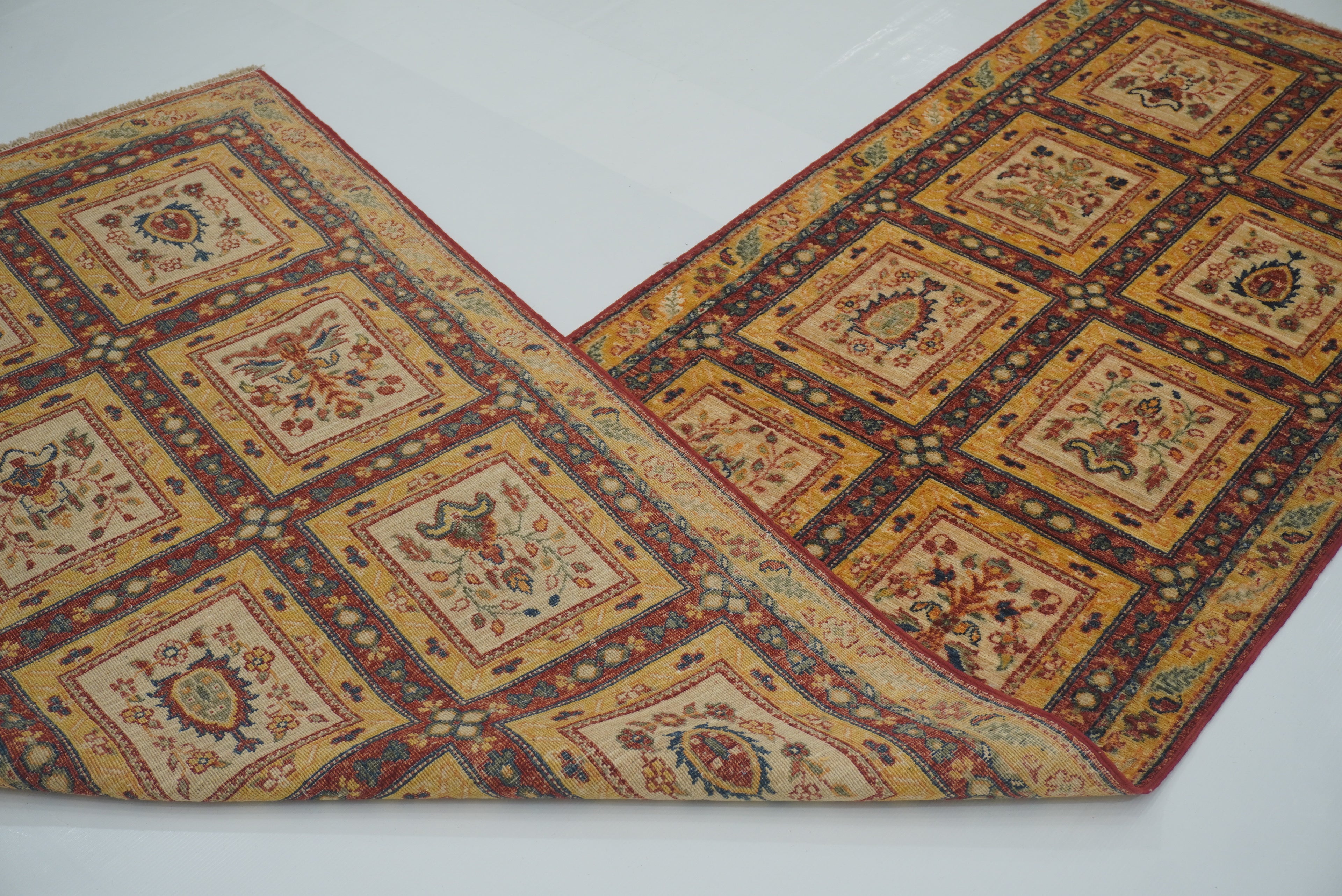 10 ft Beige Hand Knotted Afghan Wool Runner Rug - Yildiz Rugs
