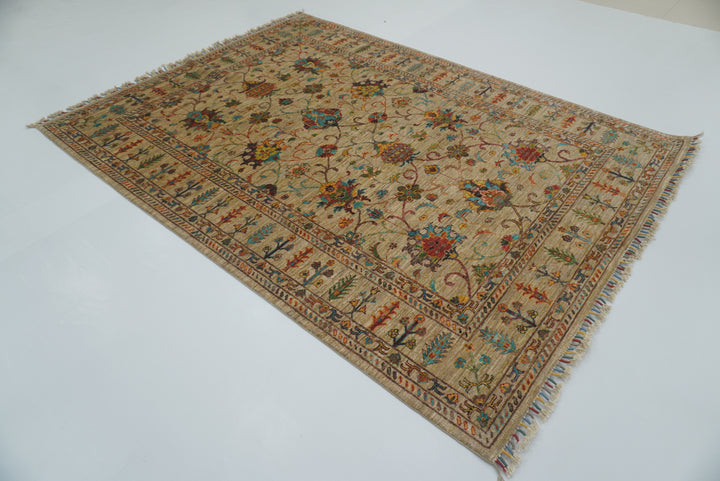 6x8 Beige Waziri Afghan Hand Knotted Oriental Rug - Yildiz Rugs