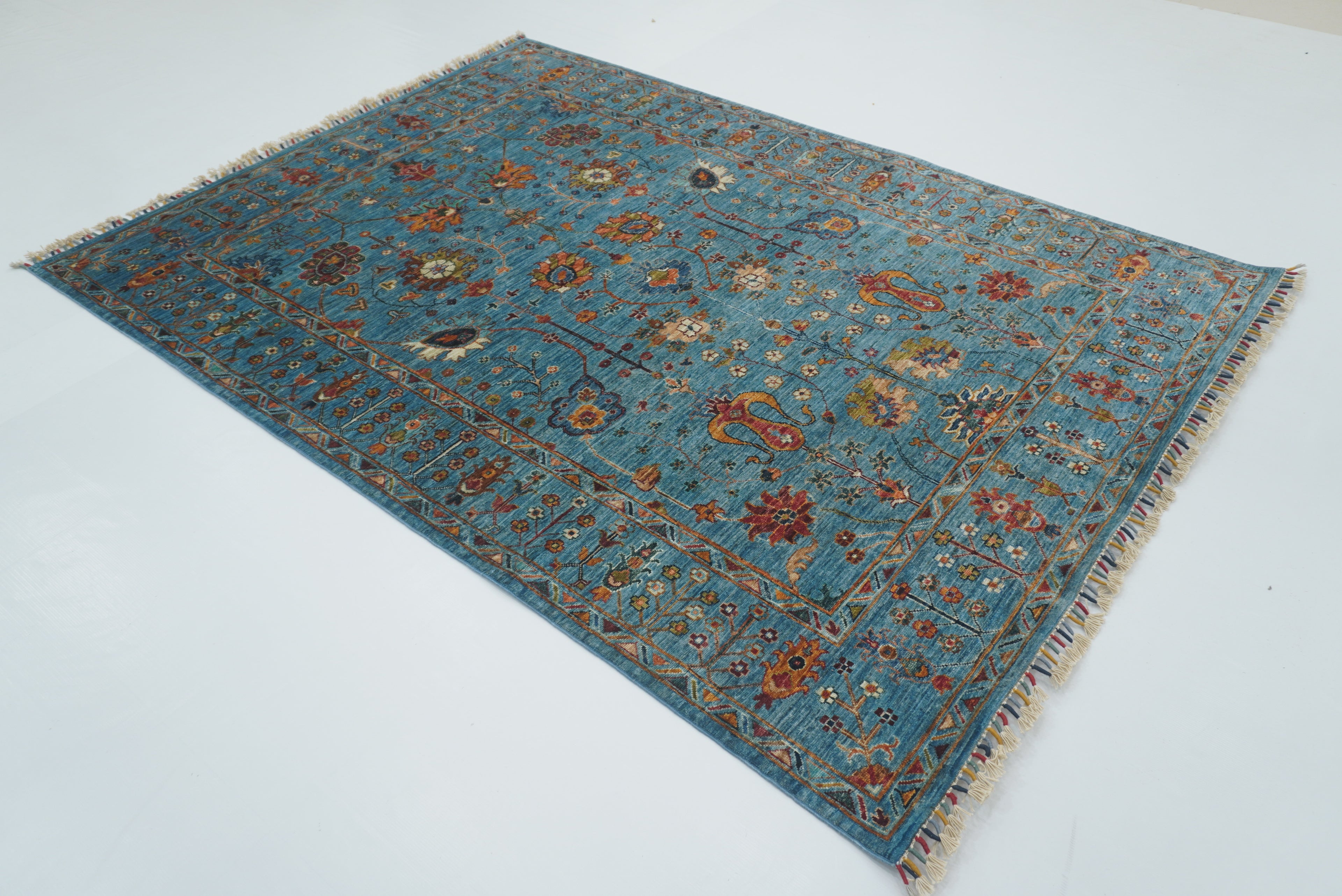 6x8 Waziri Turquoise Blue Afghan Hand Knotted Oriental Rug - Yildiz Rugs
