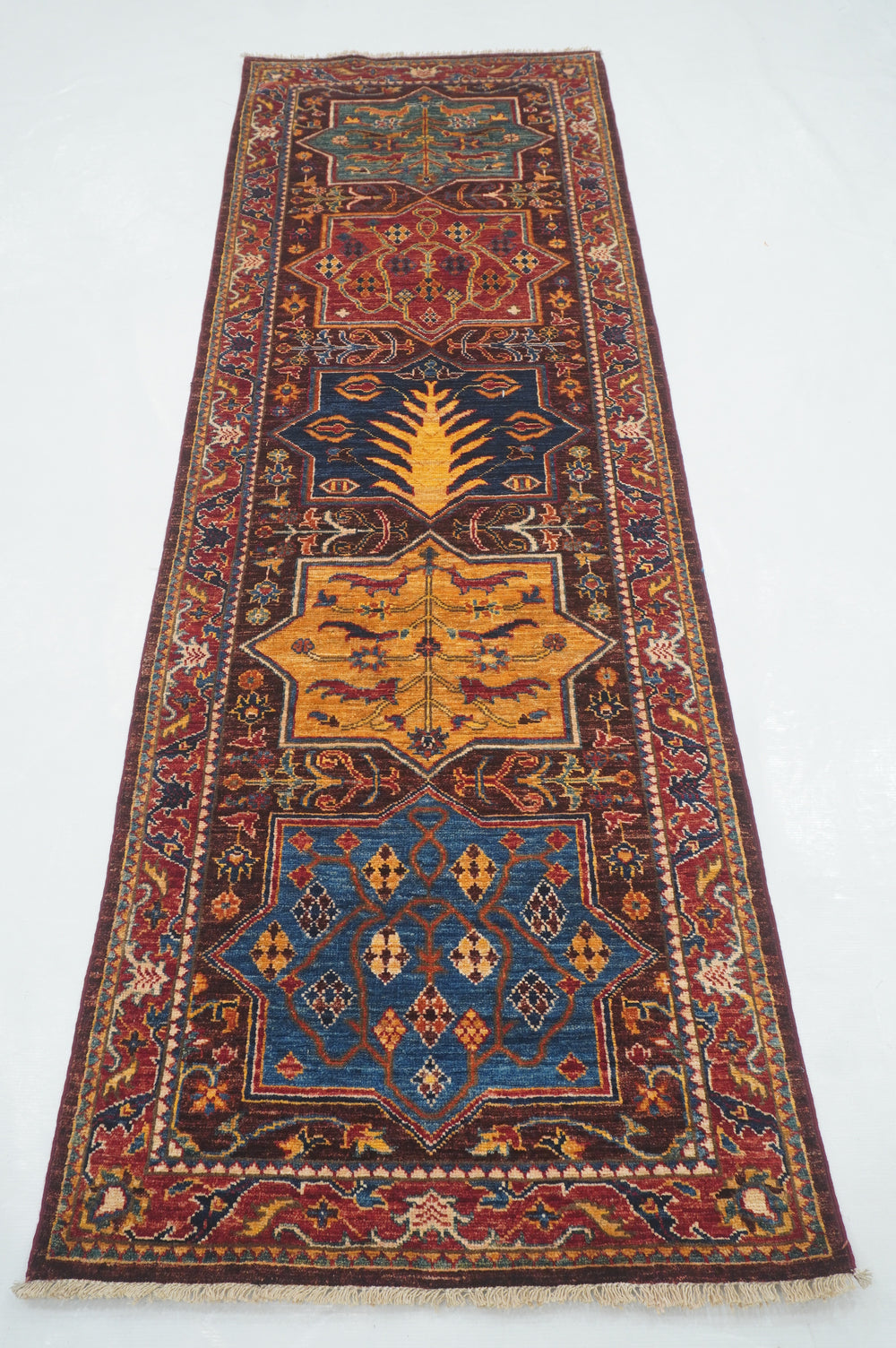 8 Ft Purple Bakhtiari Afghan hand knotted Tribal Runner Rug - Yildiz Rugs