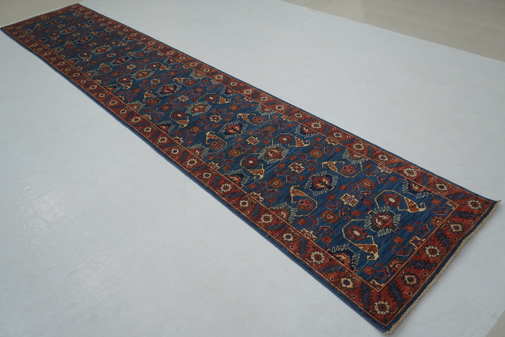 14 ft Navy Blue Serapi Afghan Hand knotted Runner Rug