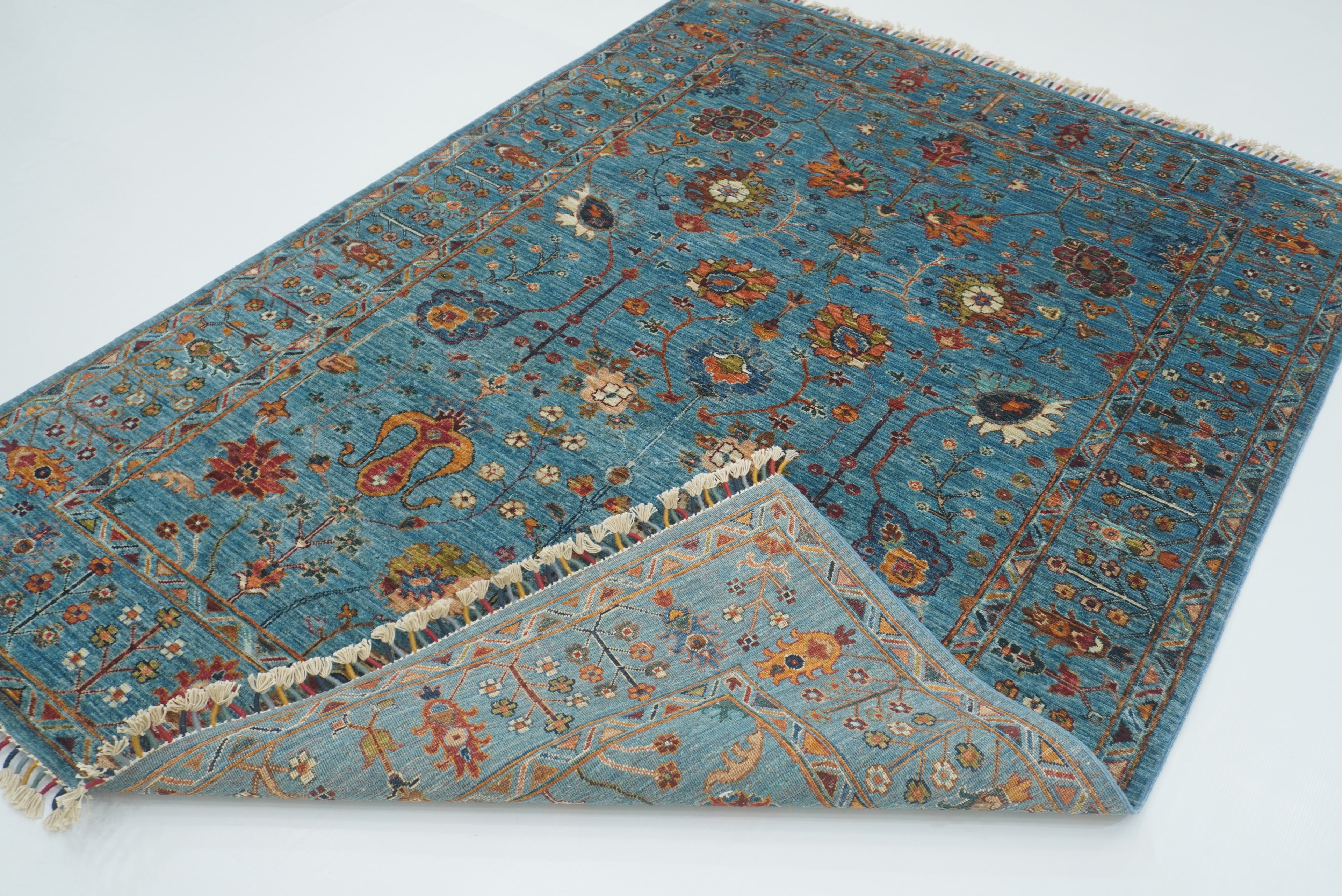 6x8 Waziri Turquoise Blue Afghan Hand Knotted Oriental Rug - Yildiz Rugs