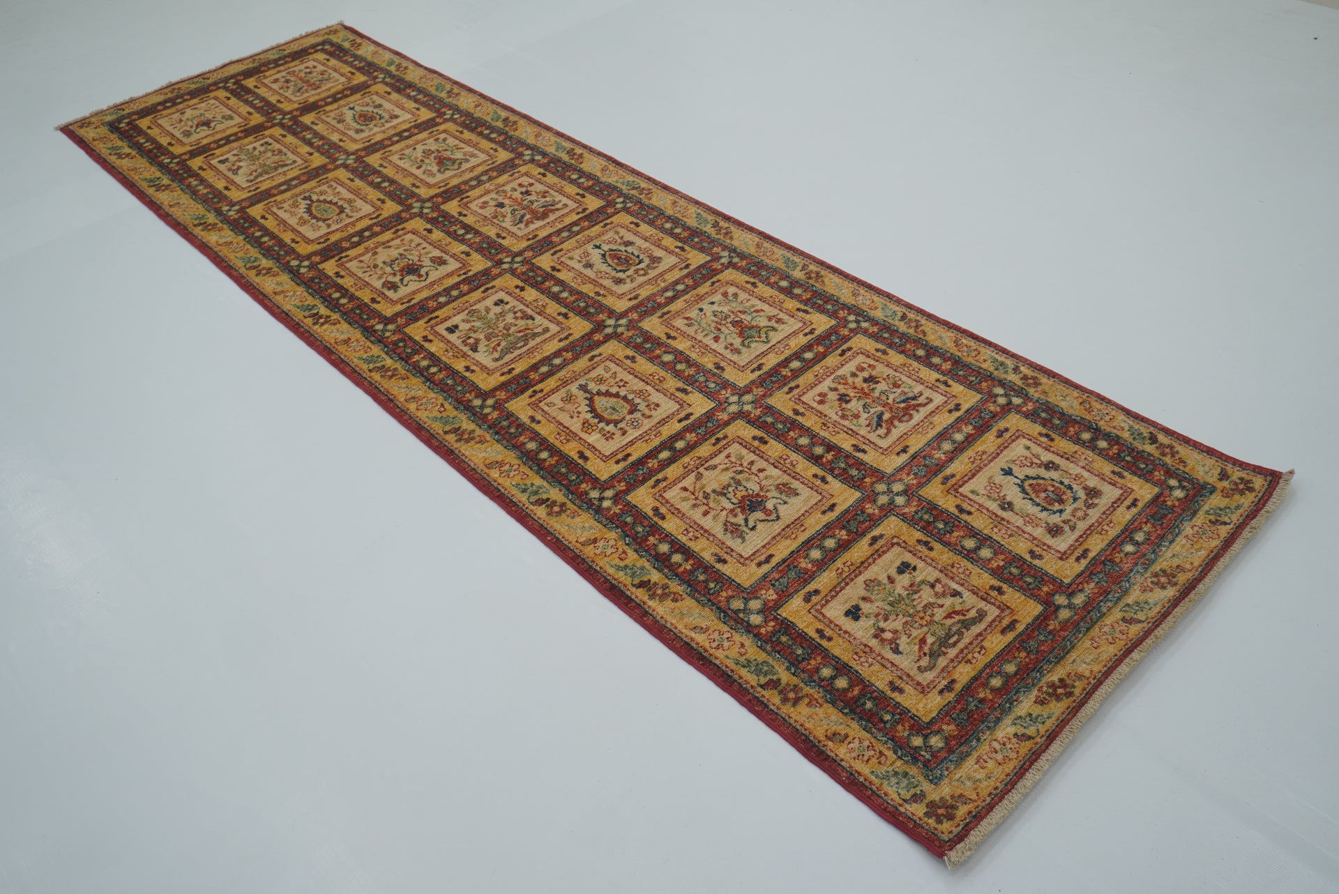 9 ft Beige Hand Knotted Afghan Wool Runner Rug - Yildiz Rugs