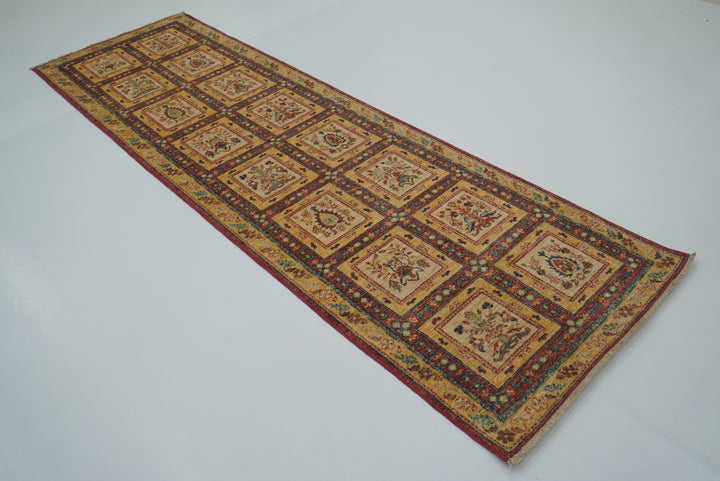9 ft Beige Hand Knotted Afghan Wool Runner Rug - Yildiz Rugs