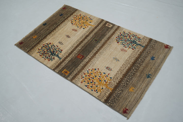 3x4 Gray Beige Tree Gabbeh Afghan Hand Knotted Tribal Landscape Rug