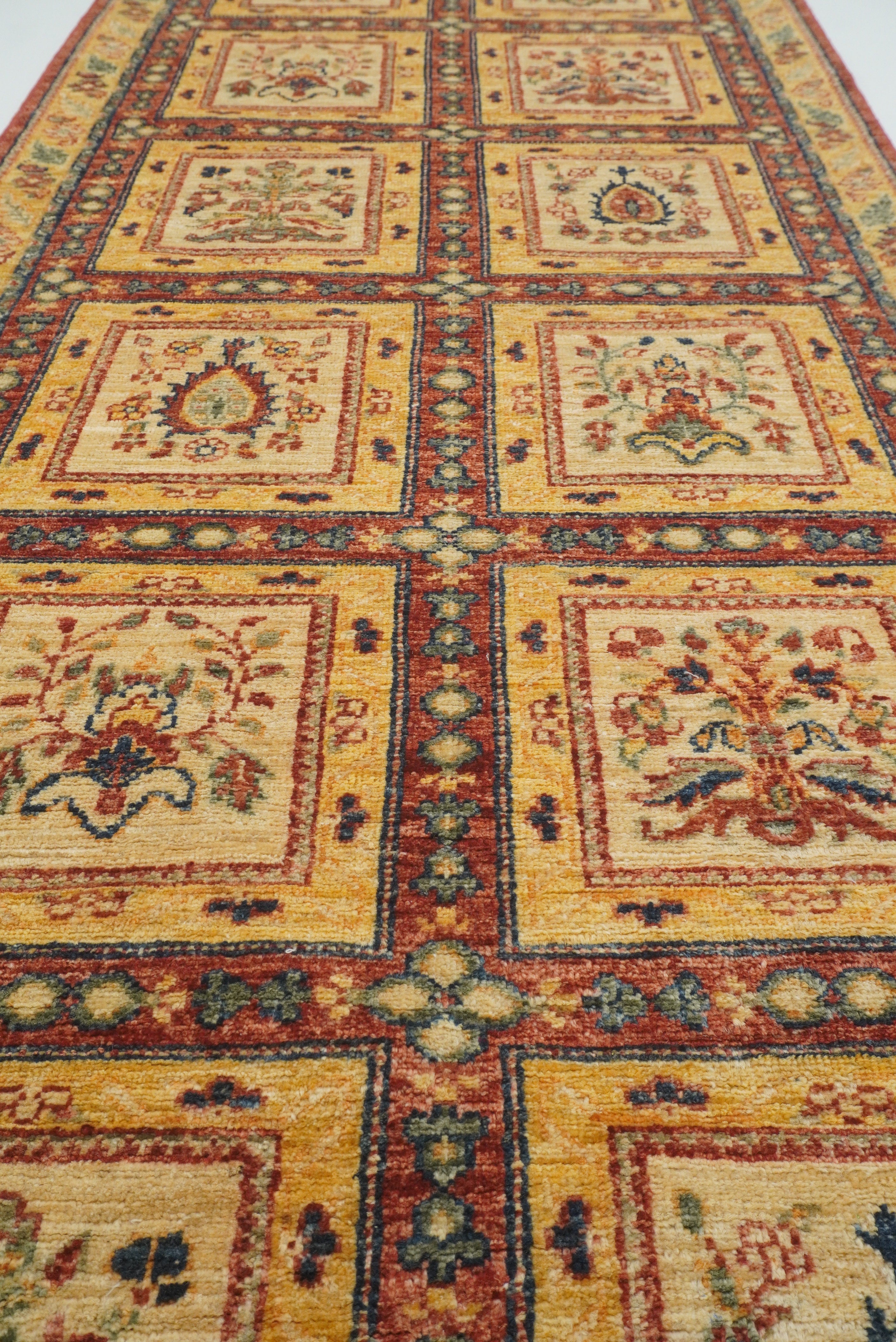 9 ft Beige Hand Knotted Afghan Wool Runner Rug - Yildiz Rugs