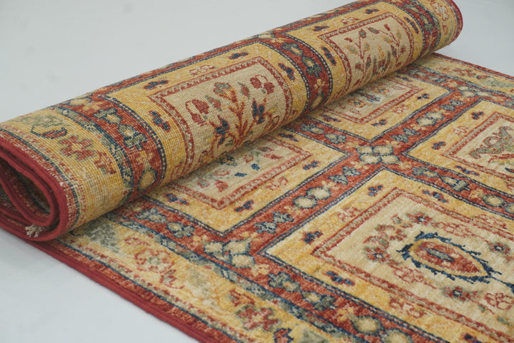 9 ft Beige Hand Knotted Afghan Wool Runner Rug - Yildiz Rugs