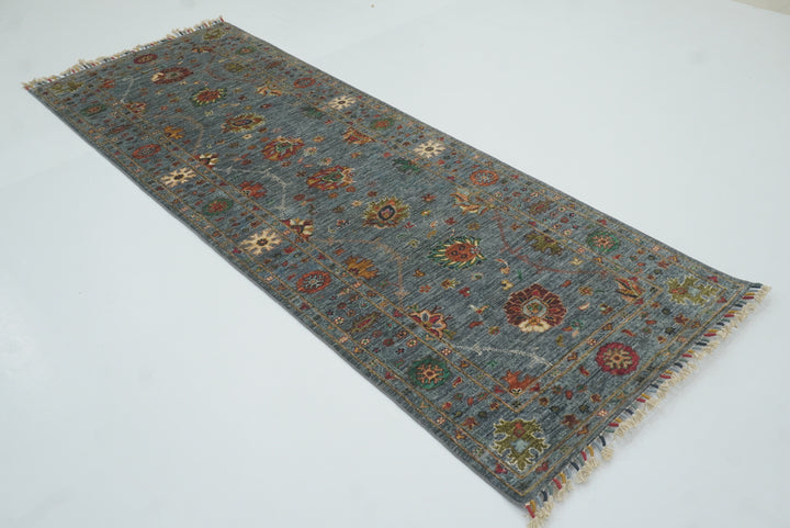 8 ft Waziri Blue Afghan Hand-Knotted Wool Runner Rug - Yildiz Rugs