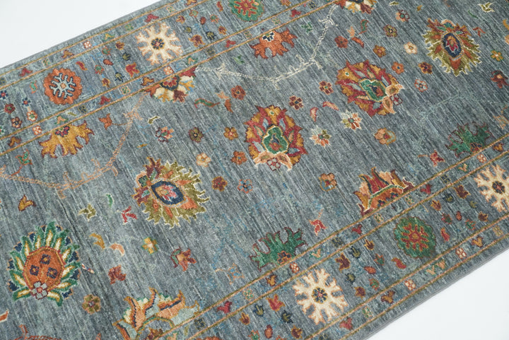 8 ft Waziri Blue Afghan Hand-Knotted Wool Runner Rug - Yildiz Rugs