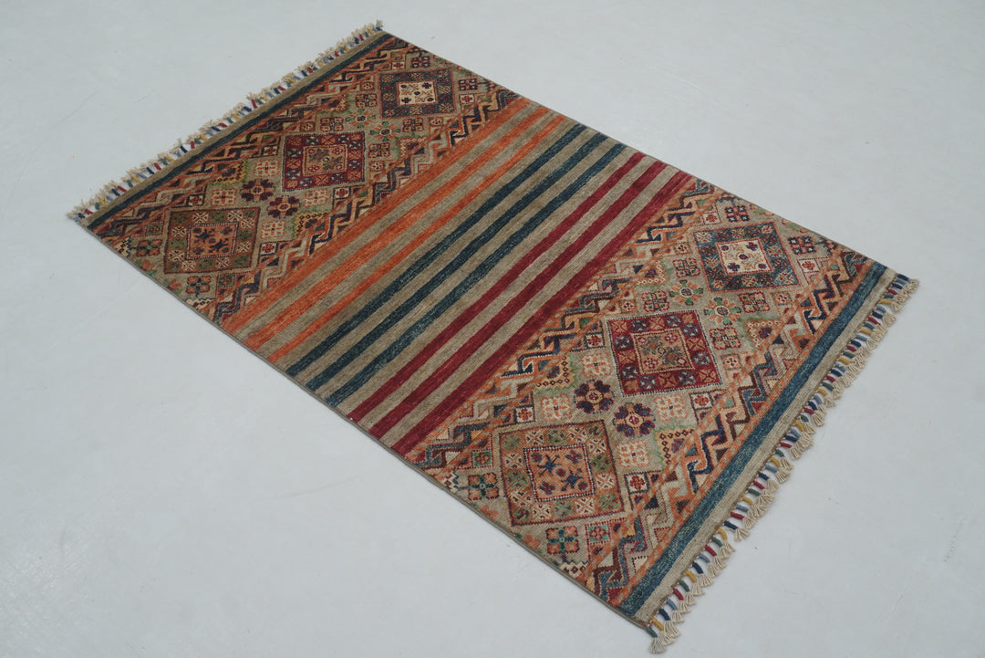 3x4 Gray Tribal Afghan Hand knotted Striped Rug