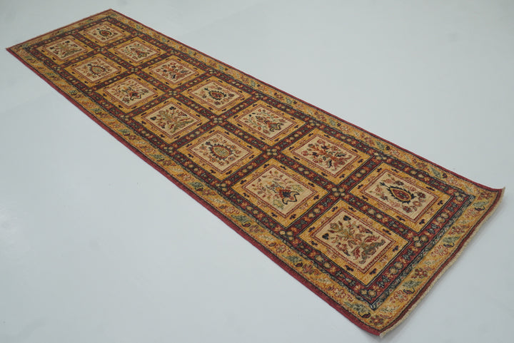9 ft Beige Hand Knotted Afghan Wool Runner Rug - Yildiz Rugs