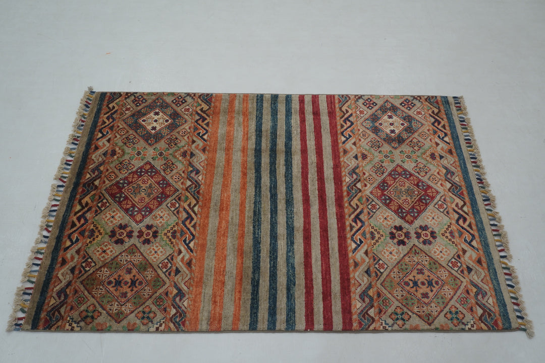 3x4 Gray Tribal Afghan Hand knotted Striped Rug