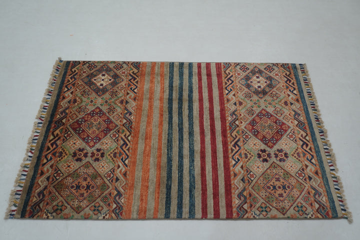 3x4 Gray Tribal Afghan Hand knotted Striped Rug