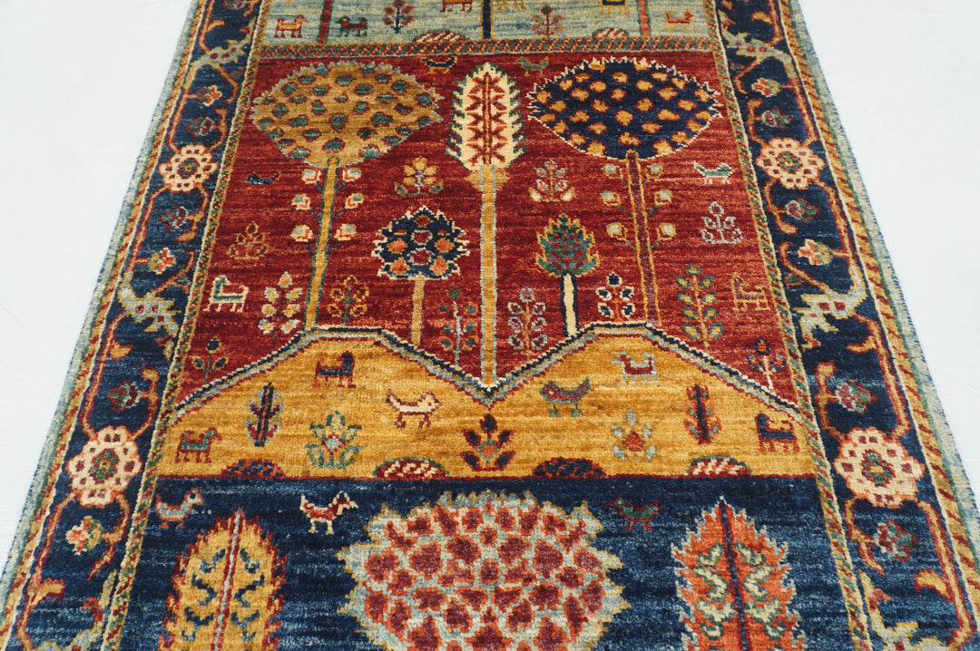 13 ft Blue Gabbeh Landscape Tree of life Afghan Hand knotted Runner Rug - Yildiz Rugs