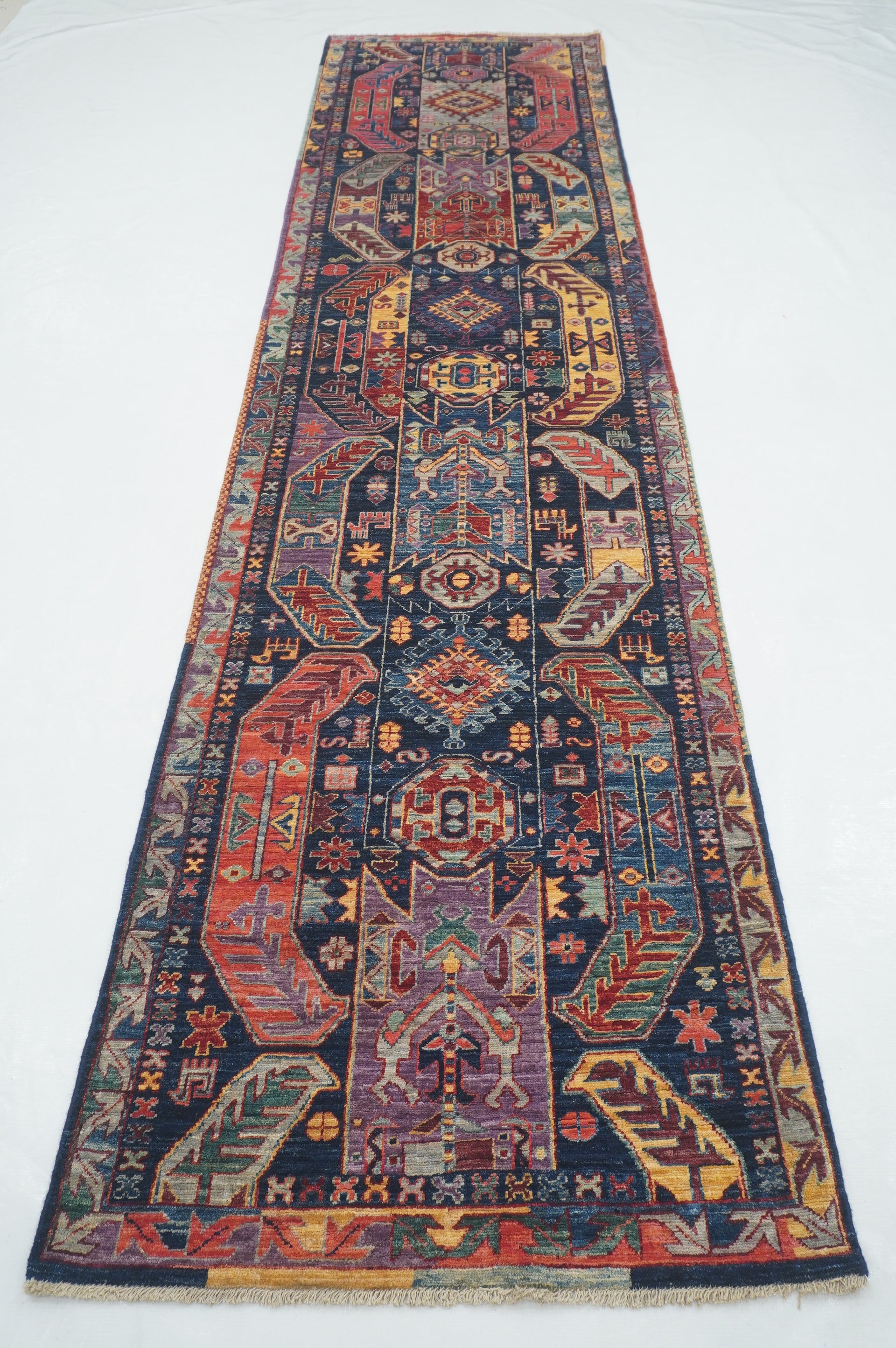 3 x 12 ft Navy Blue Tribal Baluch Afghan Hand knotted Oriental Runner Rug - Yildiz Rugs