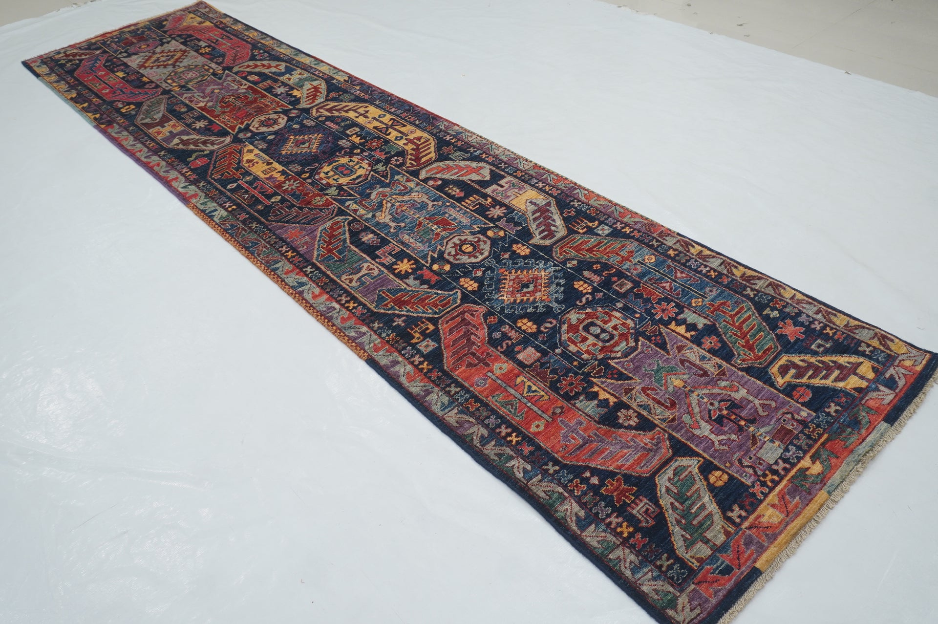 3 x 12 ft Navy Blue Tribal Baluch Afghan Hand knotted Oriental Runner Rug - Yildiz Rugs