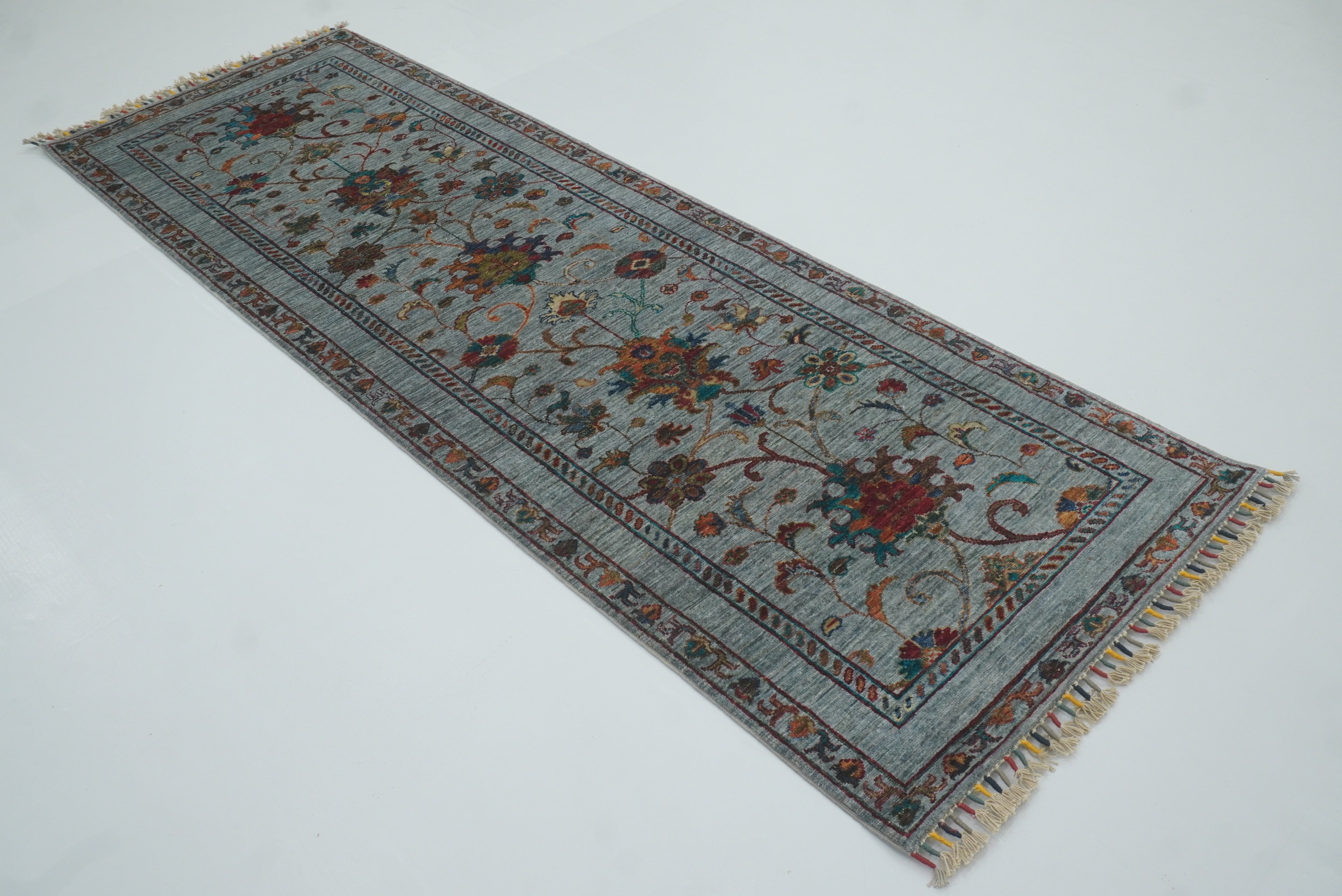 8 ft Waziri Blue Afghan Hand-Knotted Wool Runner Rug - Yildiz Rugs