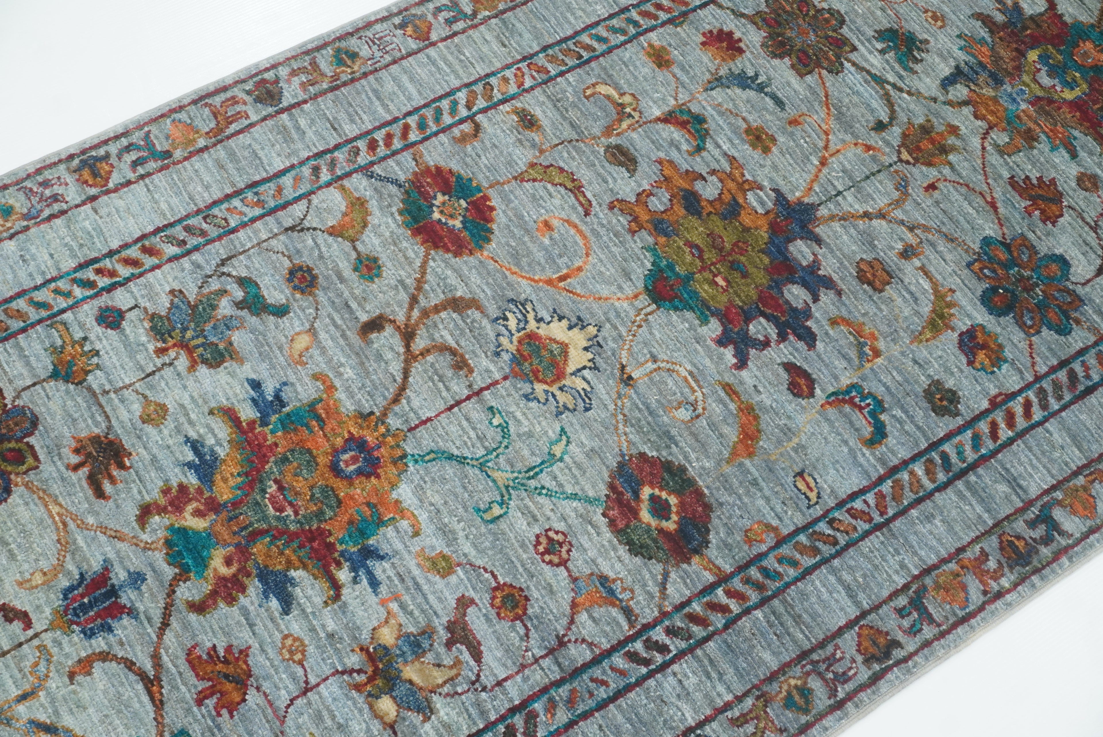 8 ft Waziri Blue Afghan Hand-Knotted Wool Runner Rug - Yildiz Rugs