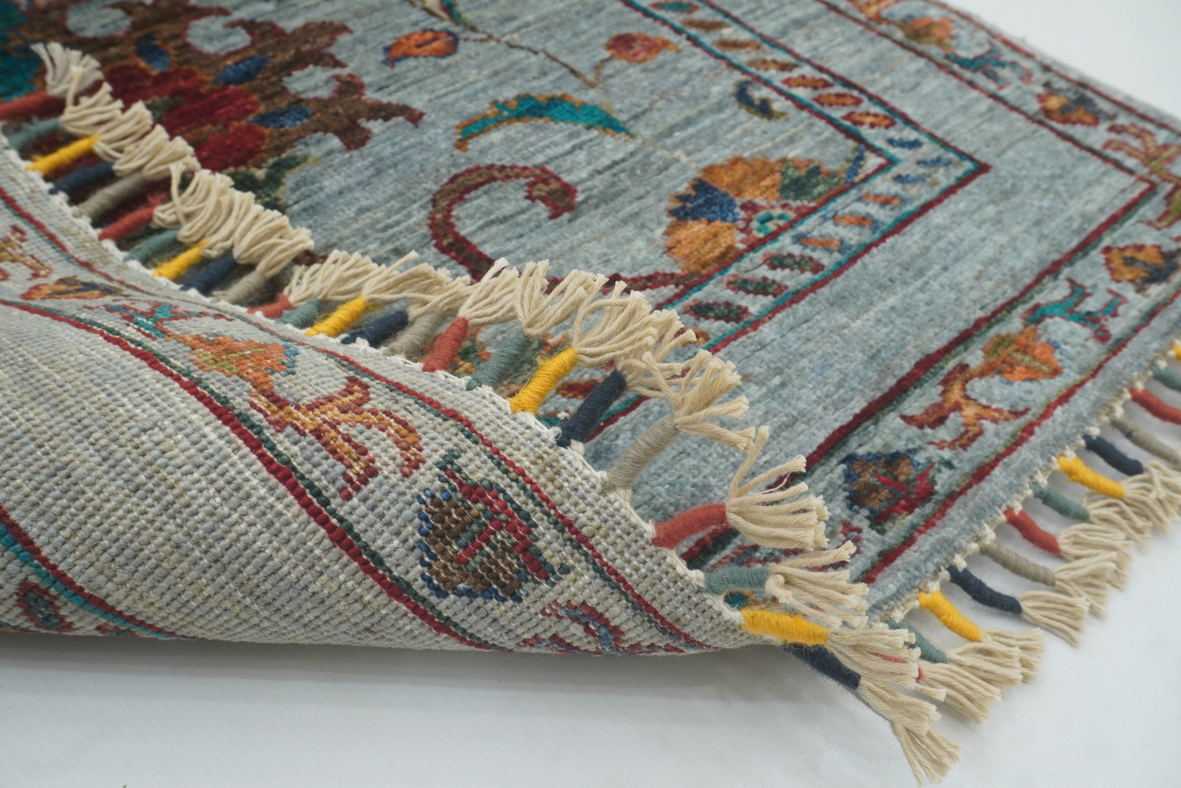 8 ft Waziri Blue Afghan Hand-Knotted Wool Runner Rug - Yildiz Rugs