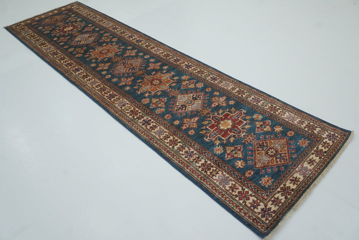 10 ft Kazak Dark Blue Afghan Hand Knotted Runner Rug - Yildiz Rugs