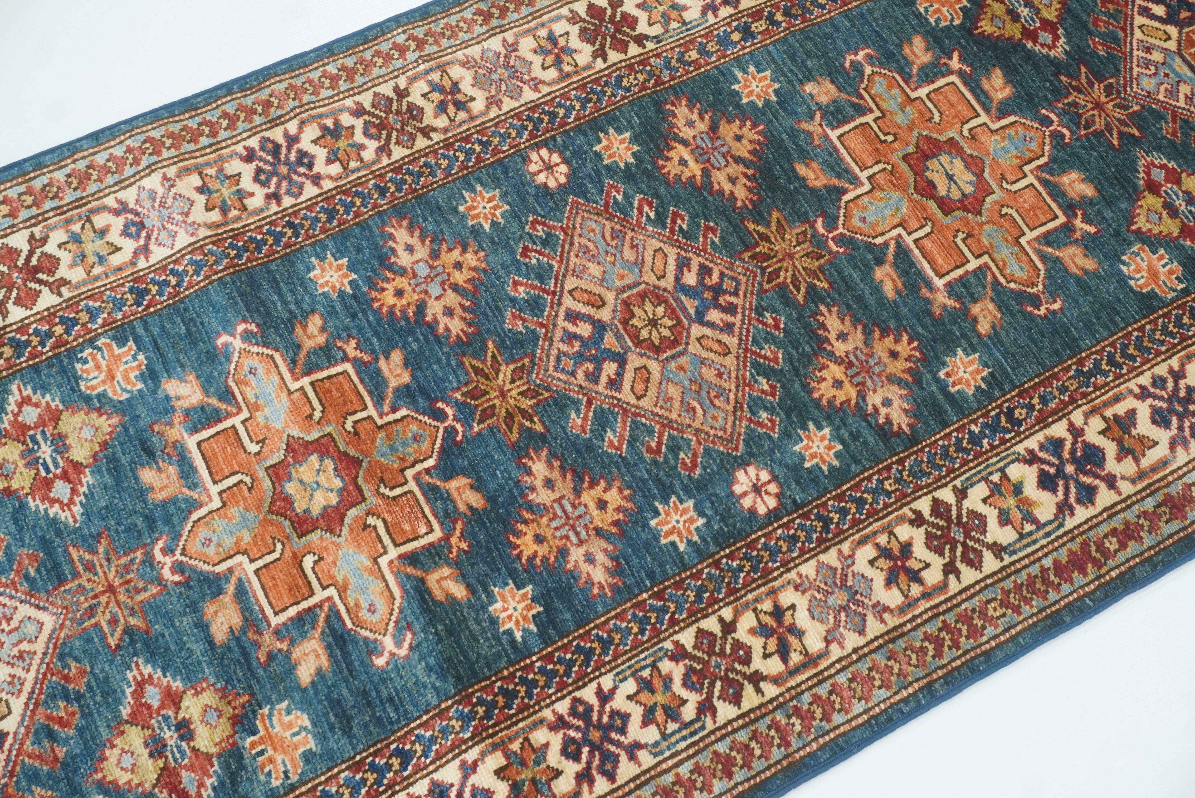 10 ft Kazak Dark Blue Afghan Hand Knotted Runner Rug - Yildiz Rugs