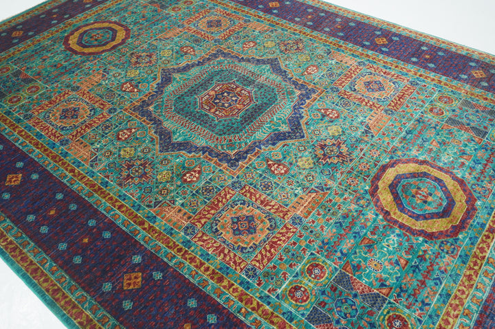 7 x 10 Turquoise Blue Mamluk Fine Hand knotted Turkish Medallion Rug - Yildiz Rugs