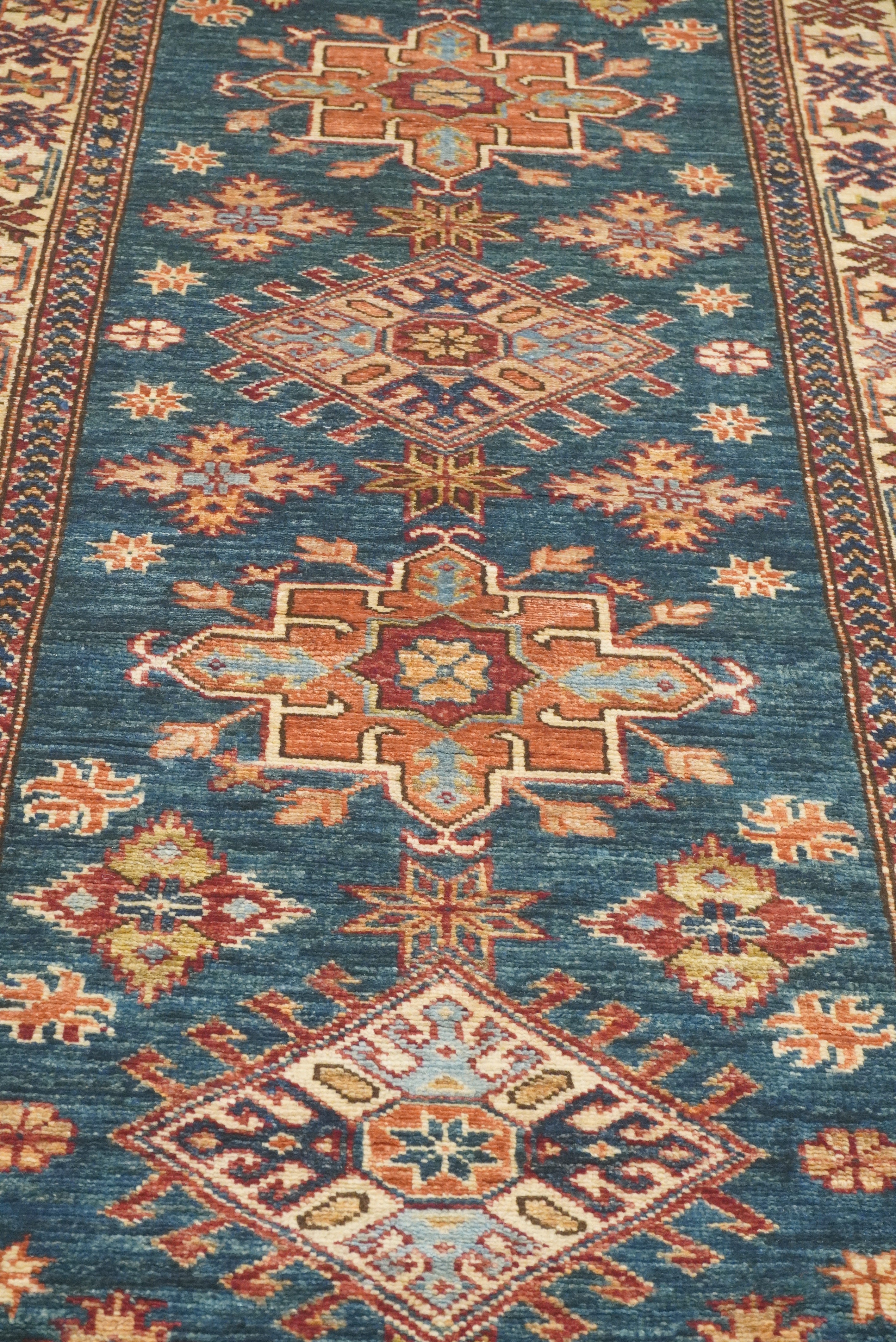 10 ft Kazak Dark Blue Afghan Hand Knotted Runner Rug - Yildiz Rugs