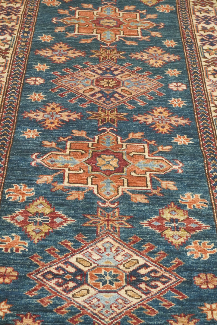 10 ft Kazak Dark Blue Afghan Hand Knotted Runner Rug - Yildiz Rugs