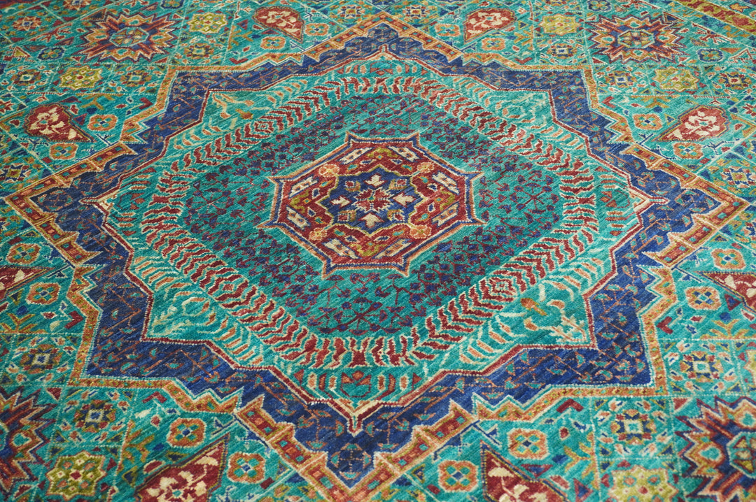 7 x 10 Turquoise Blue Mamluk Fine Hand knotted Turkish Medallion Rug - Yildiz Rugs