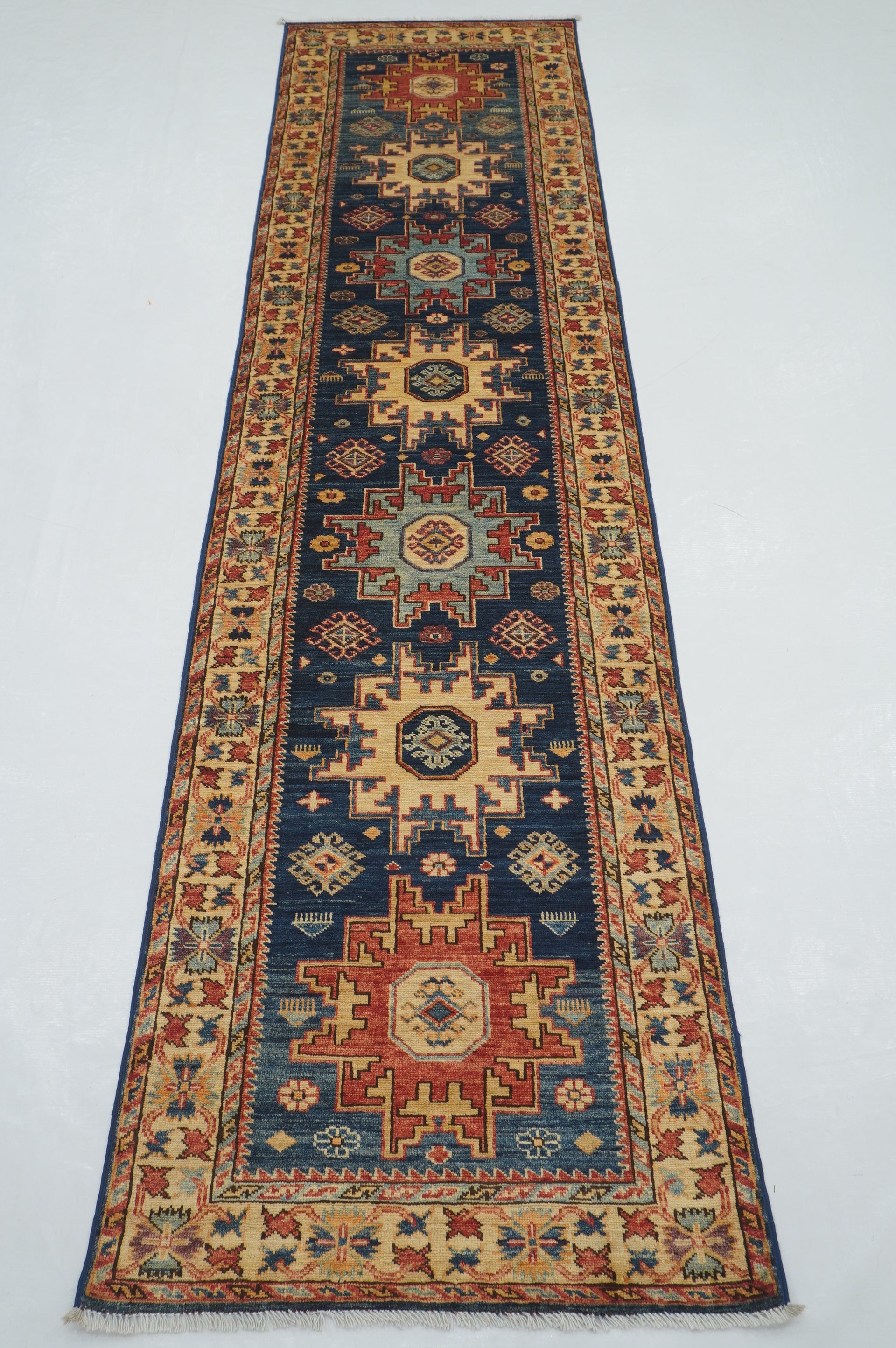 3 x 10 Ft Navy Blue Shirvan Afghan Hand knotted Runner Rug - Yildiz Rugs