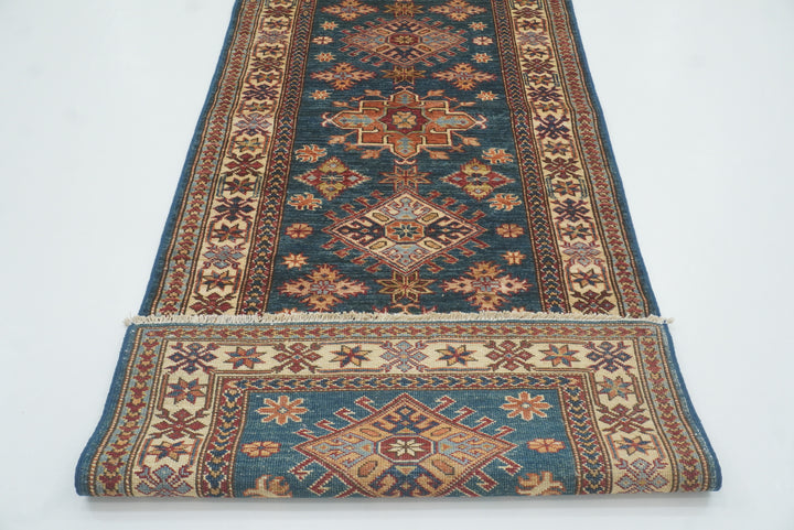 10 ft Kazak Dark Blue Afghan Hand Knotted Runner Rug - Yildiz Rugs