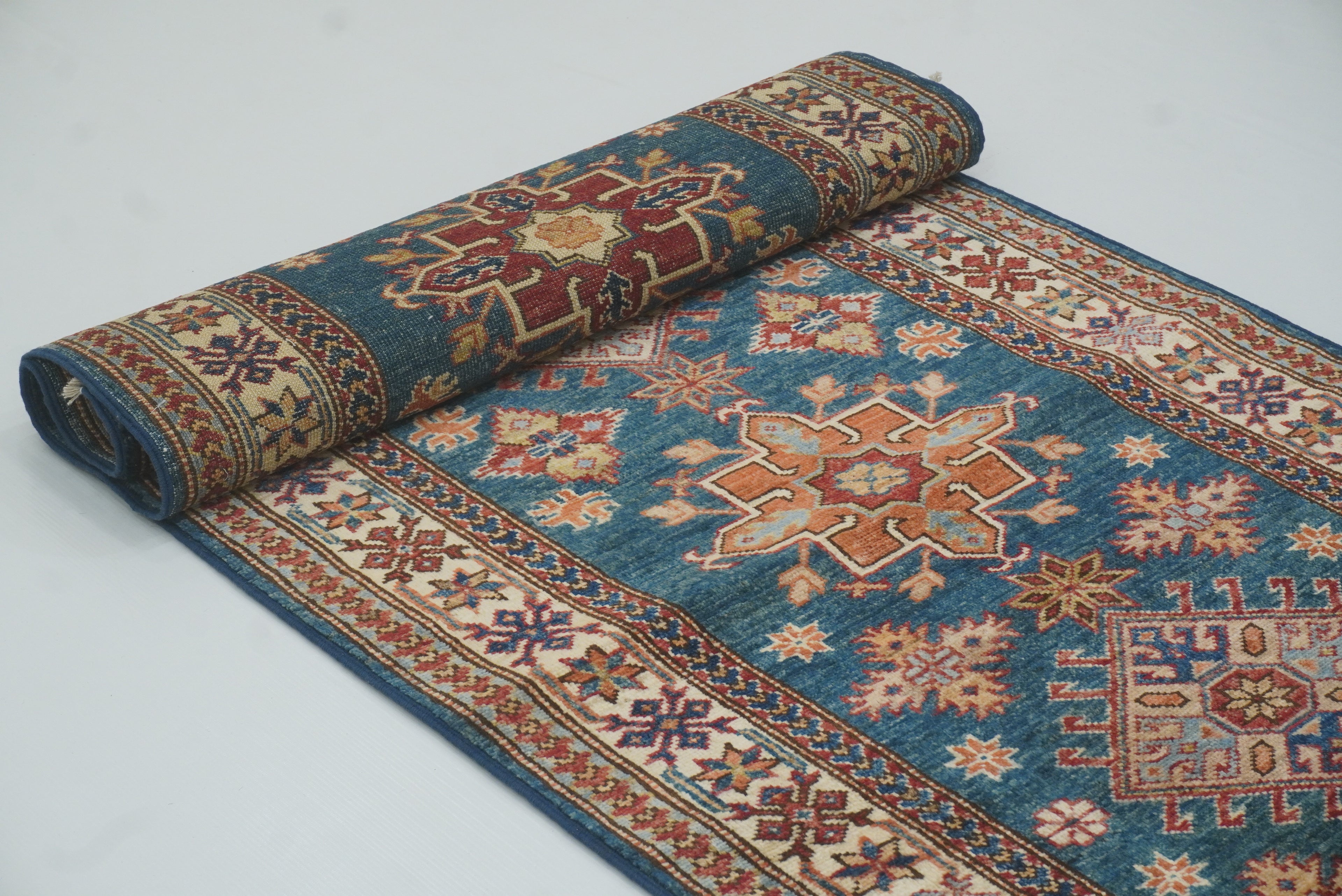 10 ft Kazak Dark Blue Afghan Hand Knotted Runner Rug - Yildiz Rugs