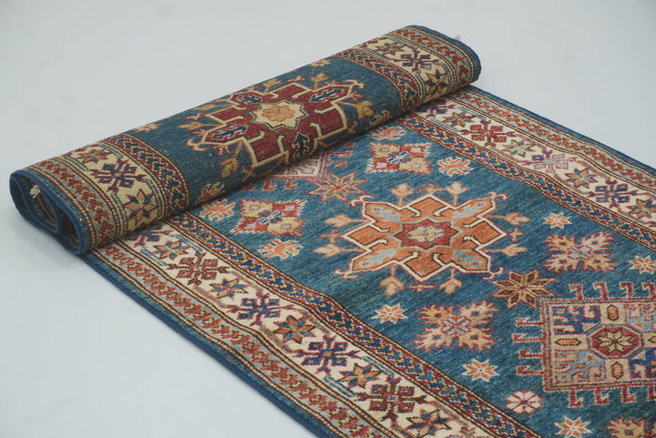 10 ft Kazak Dark Blue Afghan Hand Knotted Runner Rug - Yildiz Rugs