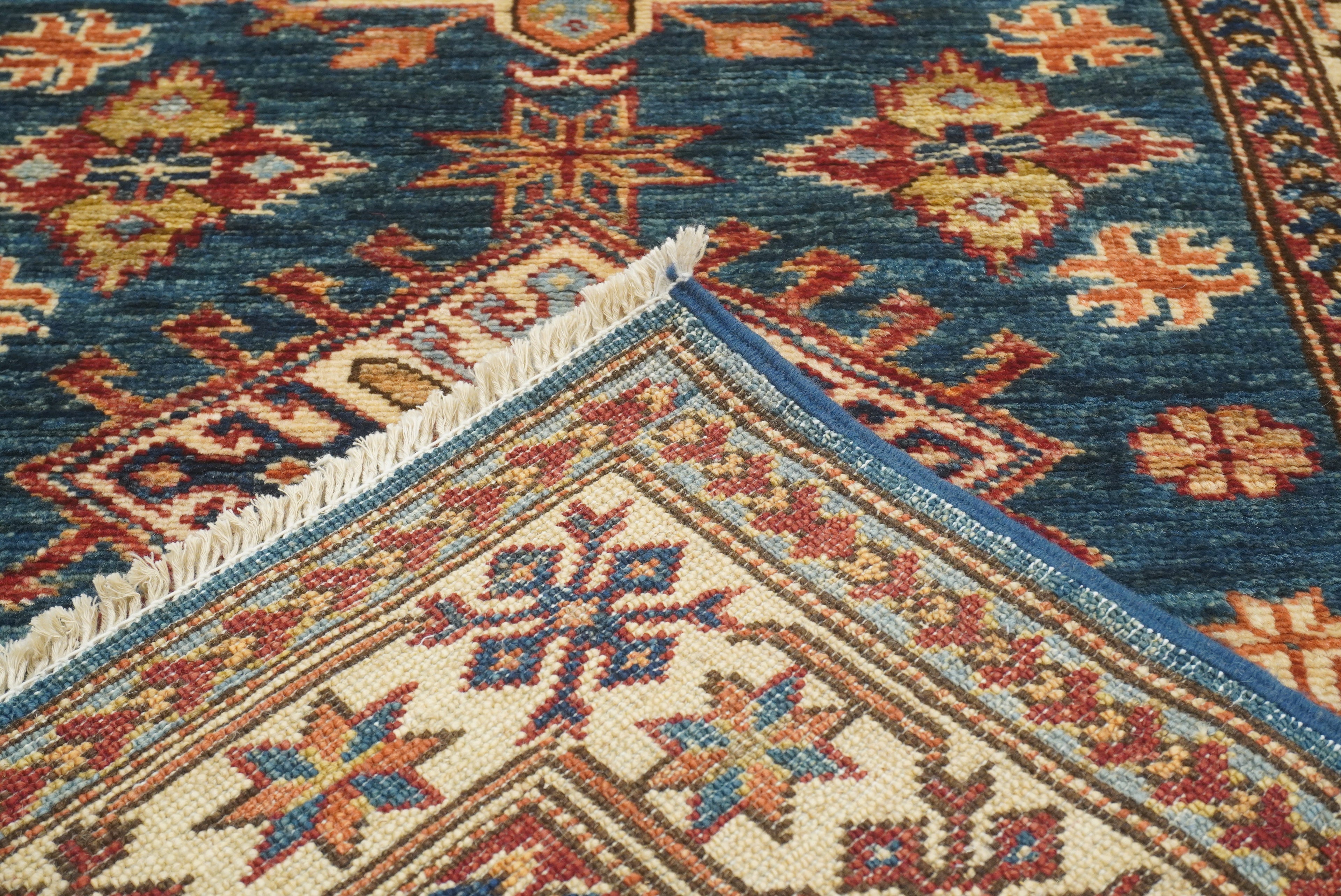 10 ft Kazak Dark Blue Afghan Hand Knotted Runner Rug - Yildiz Rugs