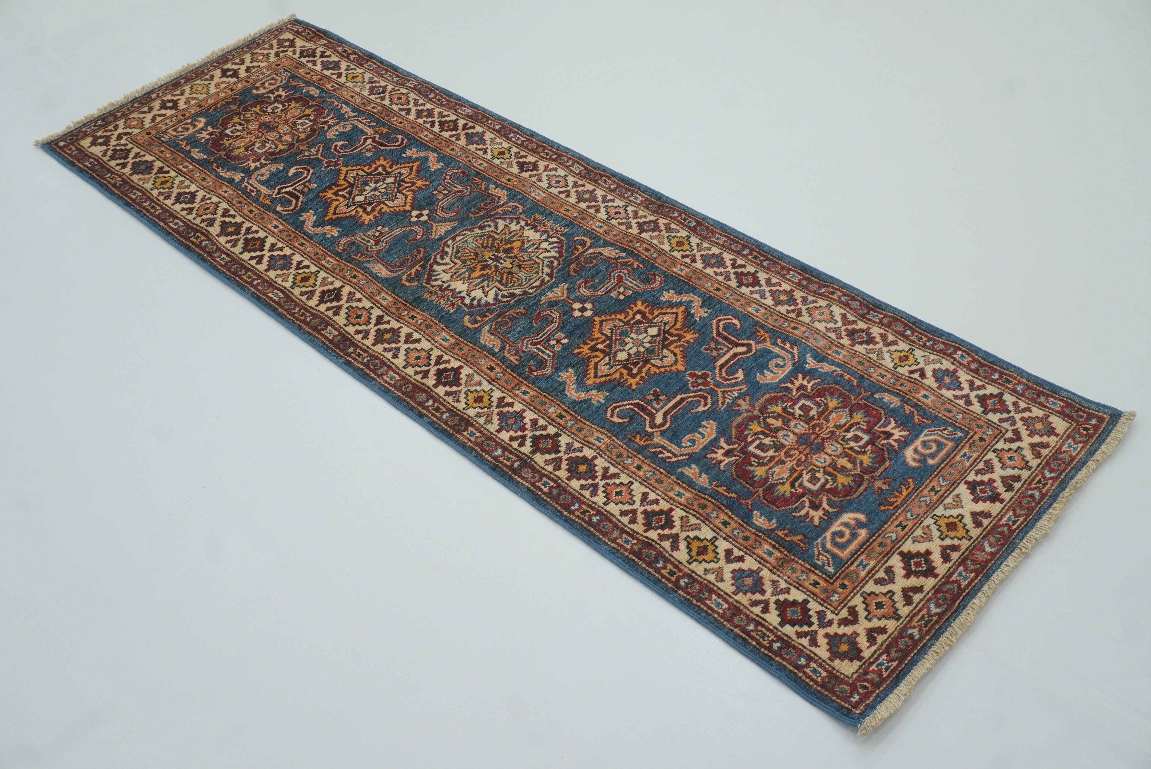 2x6 Blue Kazak Afghan Hand knotted Runner Rug - Yildiz Rugs